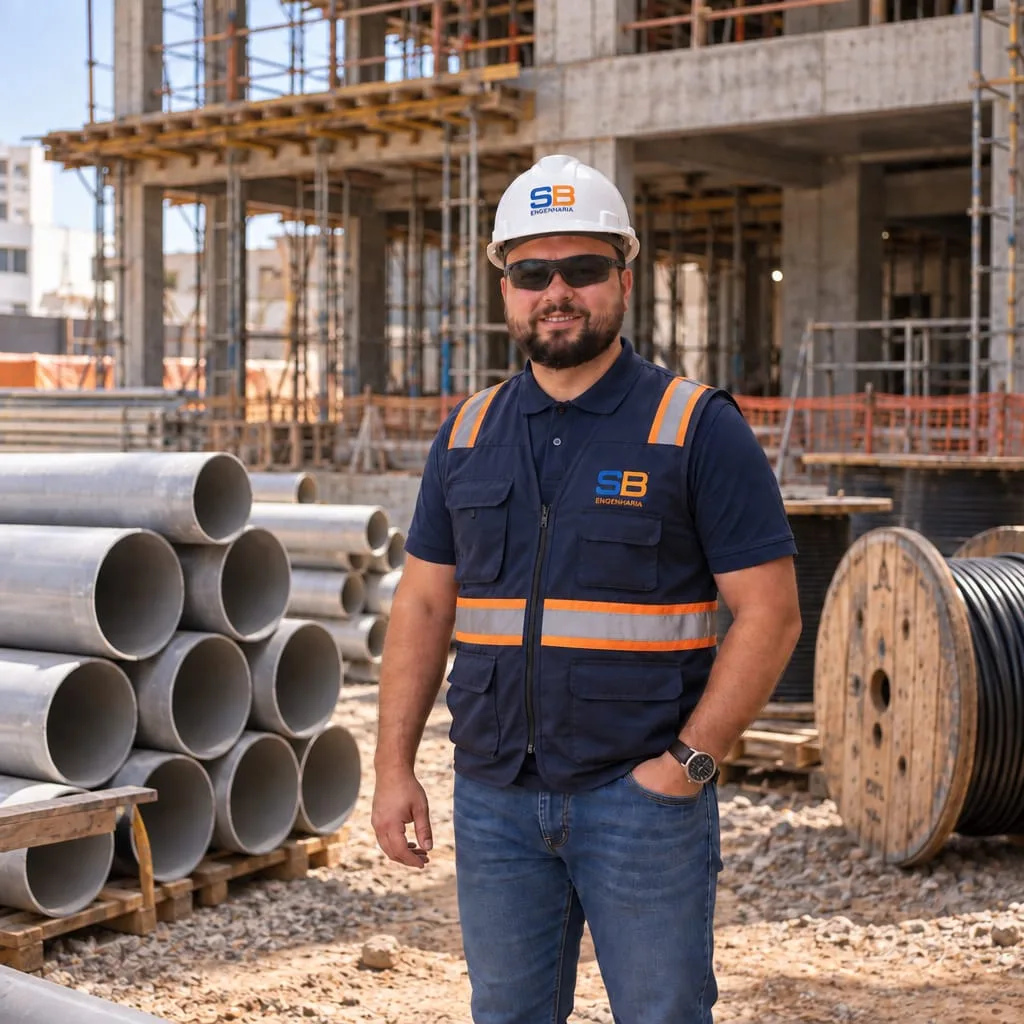 Afonso, diretor e engenheiro da SB Engenharia, em uma obra, de capacete e colete da empresa